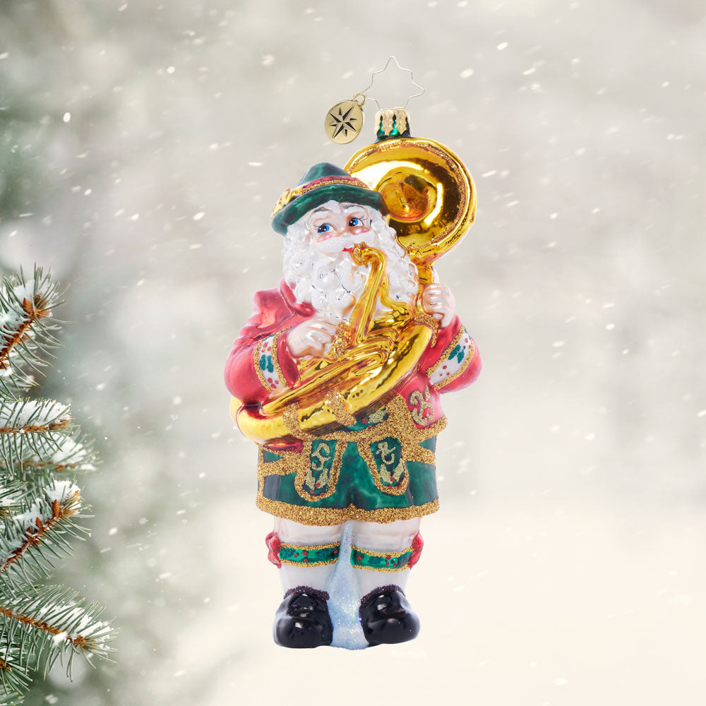 Front image - Holiday Oompah Claus - (Santa playing Tuba ornament)