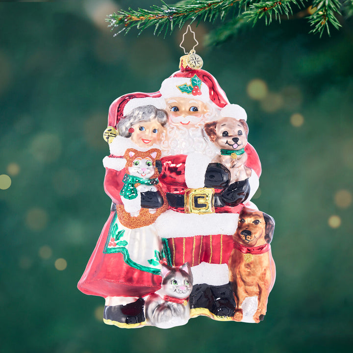 Front image - Holiday Paws with Mr. & Mrs. Claus - (Santa with animals ornament)