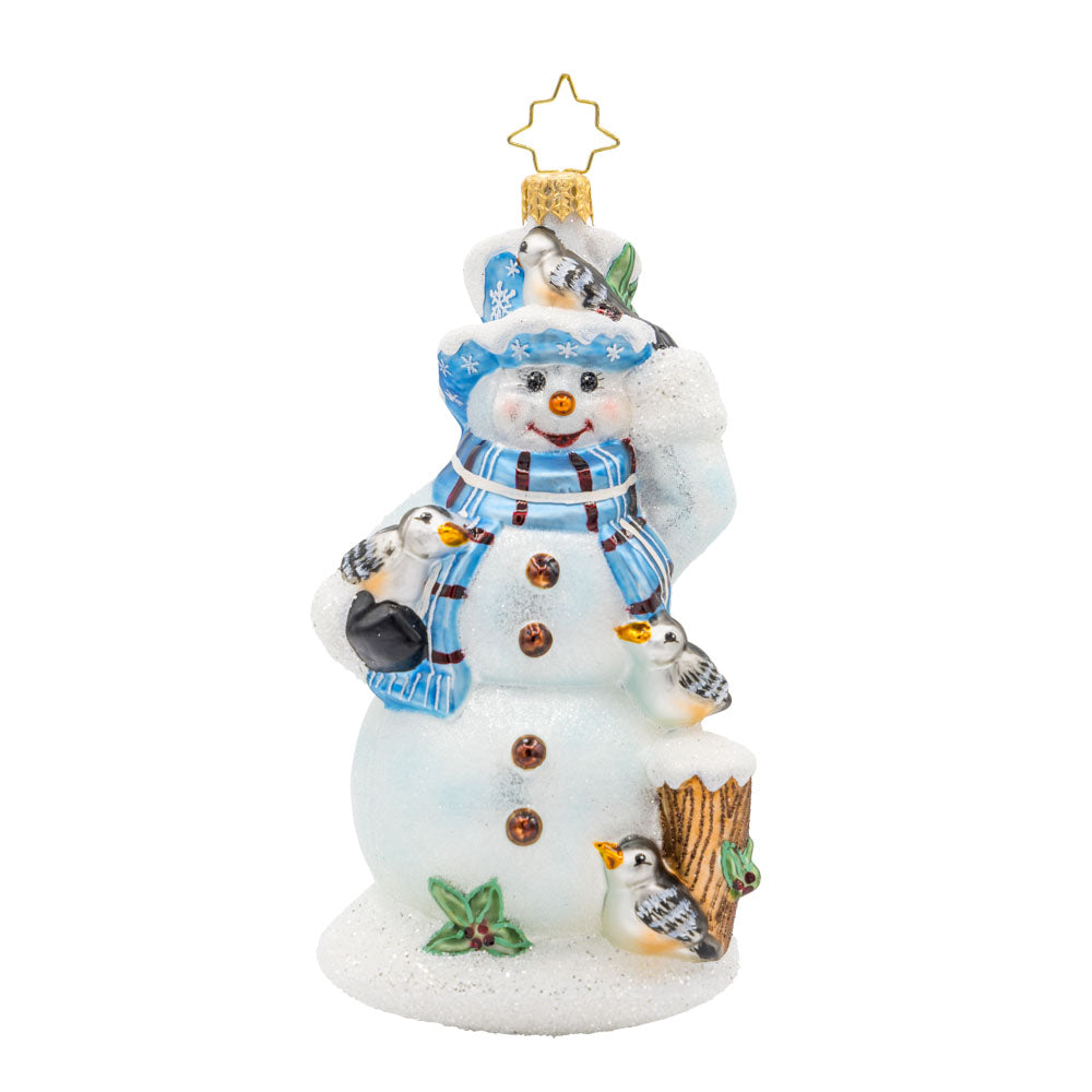 Snowy Perch Pals ornament. This snowman wears a blue and brown tartan scarf accompanied by feathered friends. View of front.
