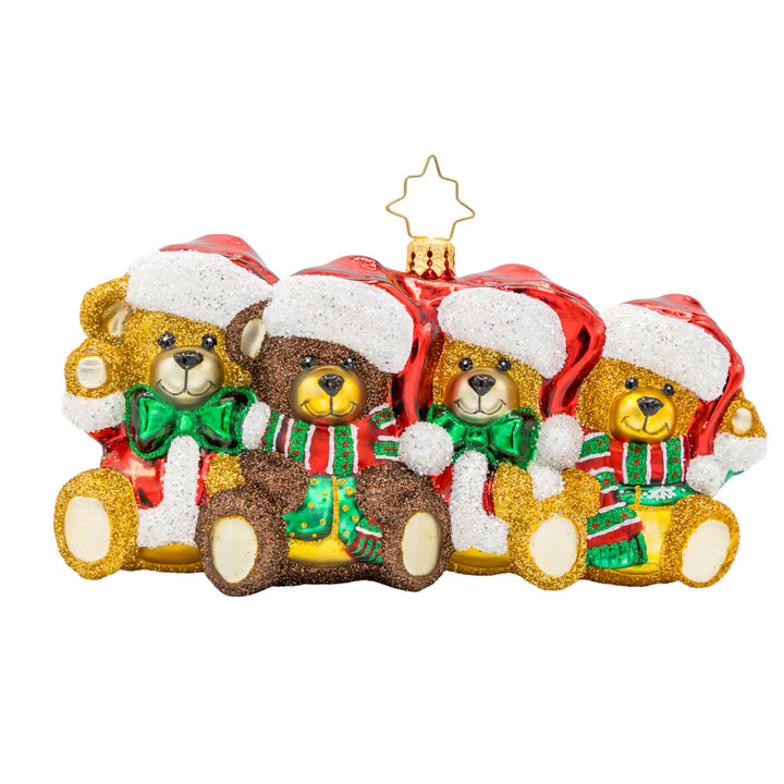 Teddy Train Treasures ornament. A charming lineup of teddy bears, each dressed in a Santa hat with their rosy cheeks, and tiny paws. View of front.