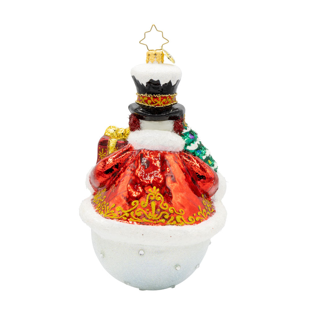 Snowman Splendor ornament. From his shimmering jacket to his sparkling hat, this exquisite piece is adorned with dazzling crystals, rich colors, and intricate details. View of back.