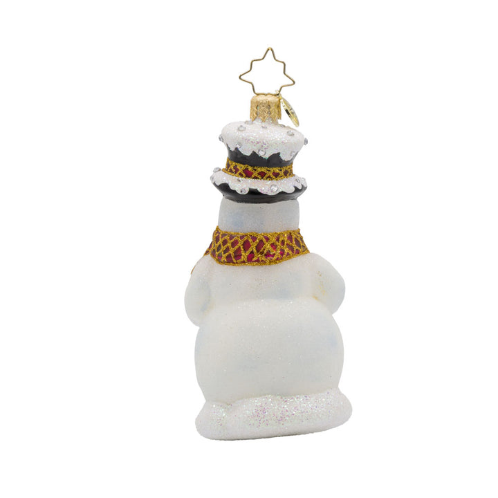 Merry Mittens ornament. A snowman with his wreath-tastic accessory full of red and gold ornaments. View of back.