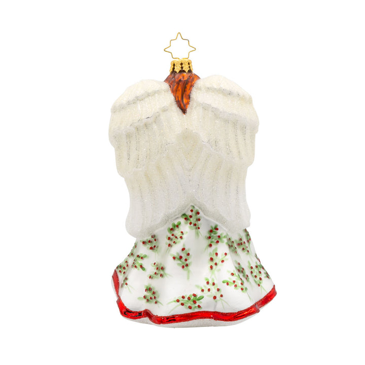 Angelic Poinsettia Herald ornament. Features an angel wearing a flowing hand-painted gown holding a poinsettia bouquet. View of back.