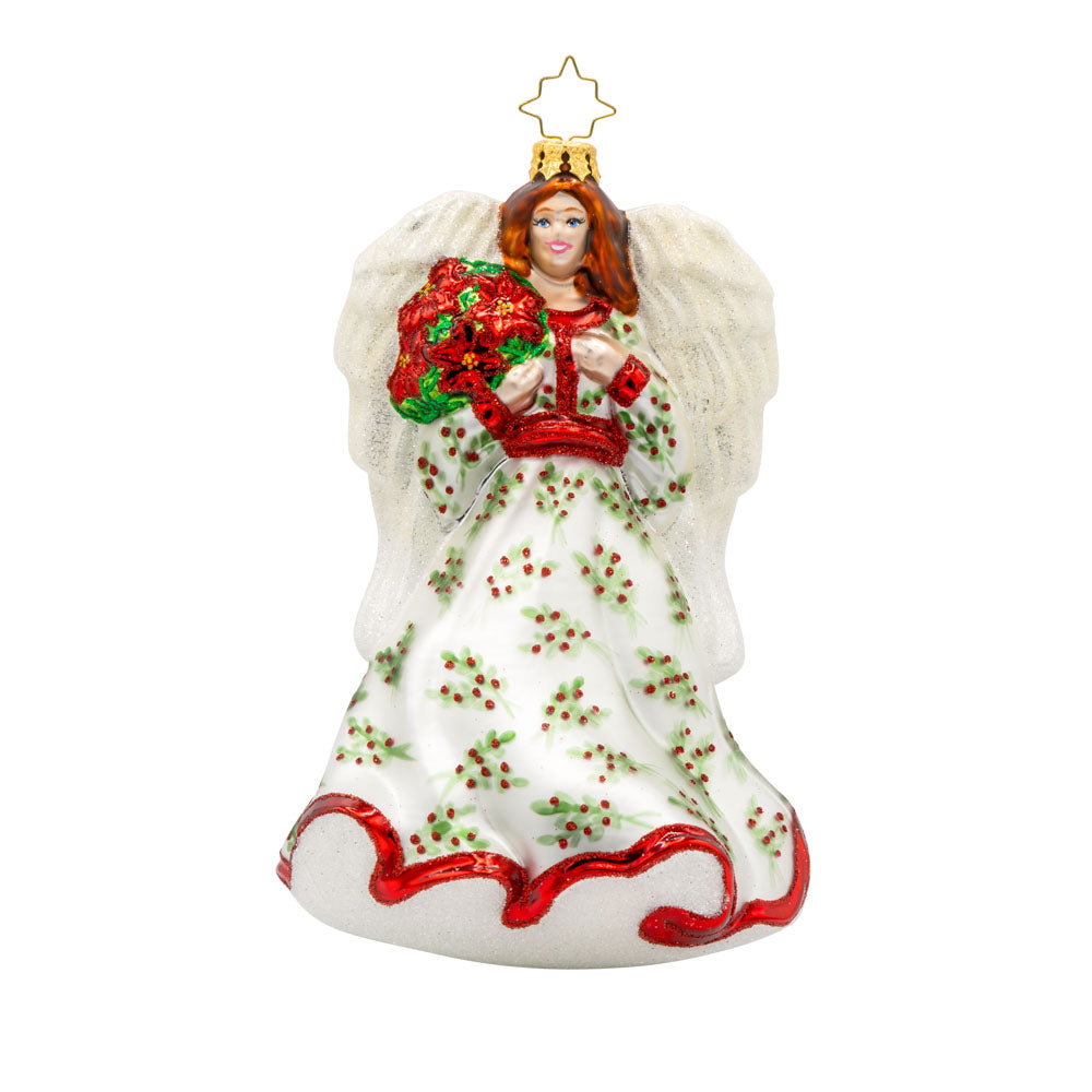 Angelic Poinsettia Herald ornament. Features an angel wearing a flowing hand-painted gown holding a poinsettia bouquet. View of front.