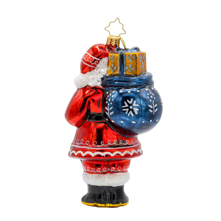 Folklore Father Christmas ornament. With his folk pattern coat and gift sack of presents. View of back.
