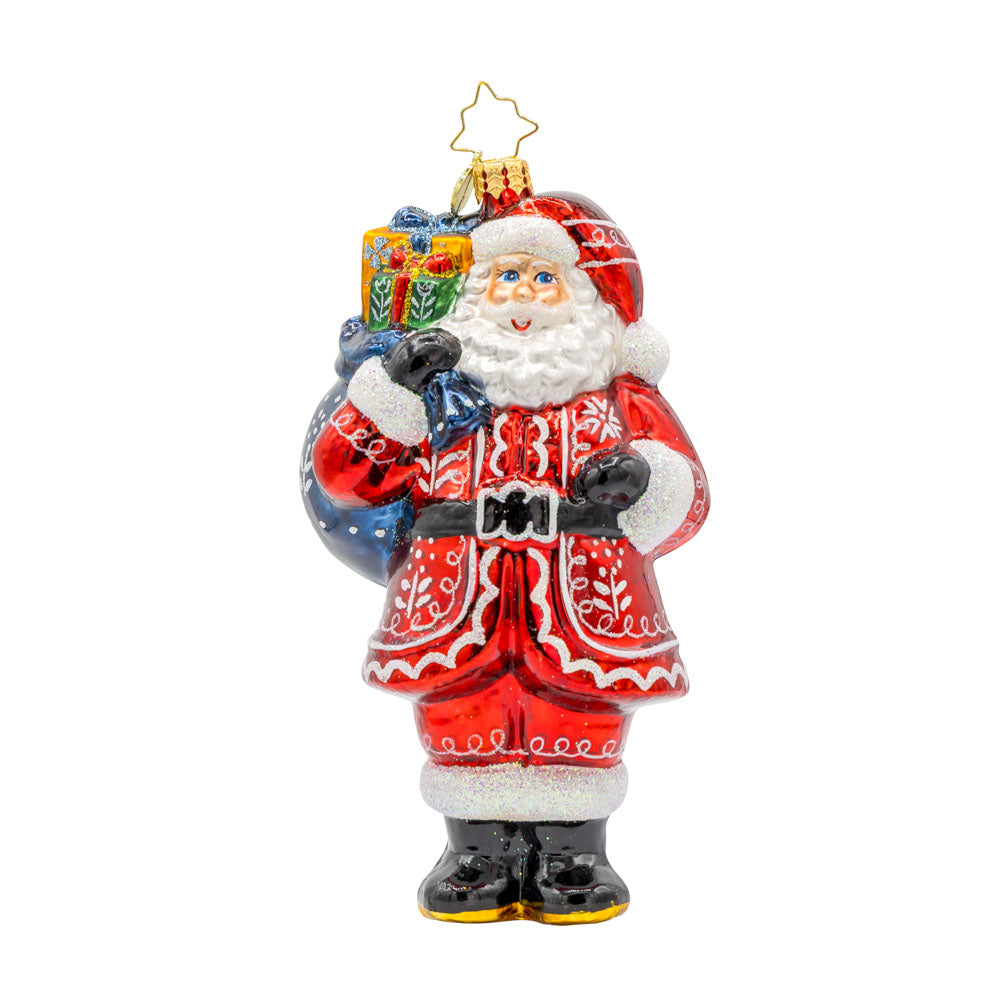 Folklore Father Christmas ornament. With his folk pattern coat and gift sack of presents. View of front. 