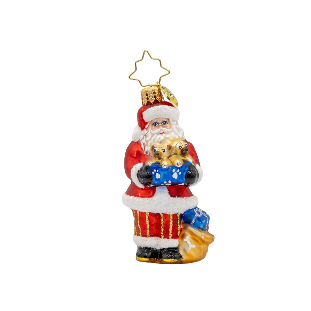 Santa's Pug-palooza Gem ornament. Santa holds a box of pug puppies. There is a gift sack of presents by his feet. View of front. 