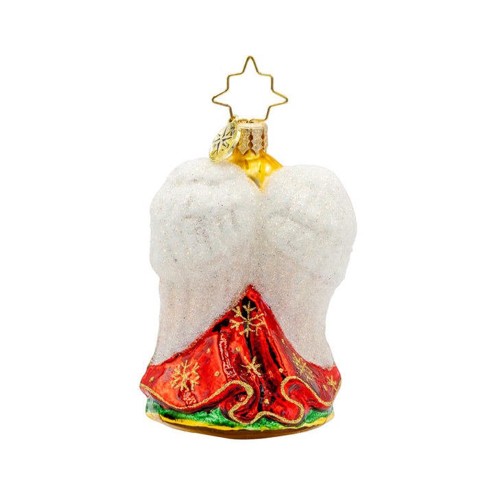 Heavenly Harpist Gem Ornament. This angel wears a green and red dress flecked with gold. Harp in hand and shimmering white wings behind her. View of back.