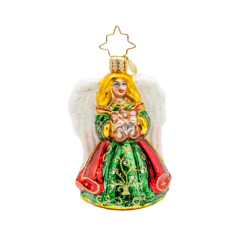 Heavenly Harpist Gem Ornament. This angel wears a green and red dress flecked with gold. Harp in hand and shimmering white wings behind her. View of front. 