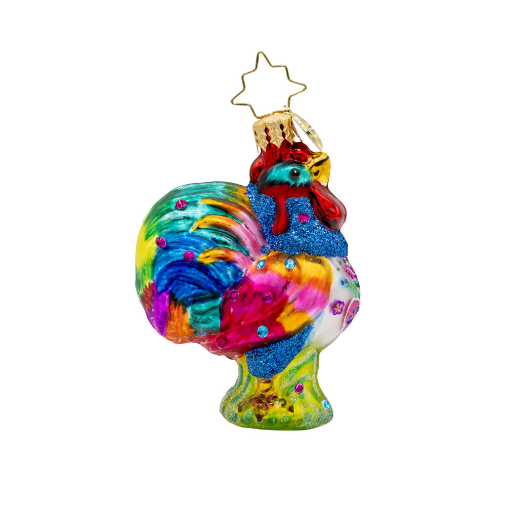 Radiant Rooster Gem ornament. A rainbow-colored rooster covered in gems. View of back.