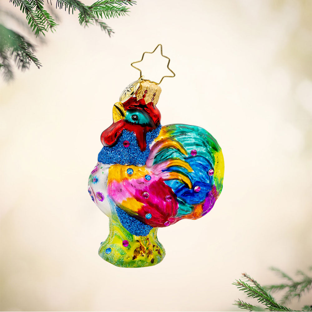Radiant Rooster Gem ornament. A rainbow-colored rooster covered in gems. View of front.