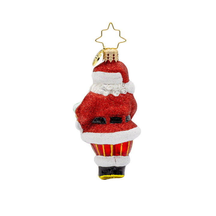 Santa's Special Gift 2025 Gem ornament. Santa holds a white giftbox dated "2025." View of back.