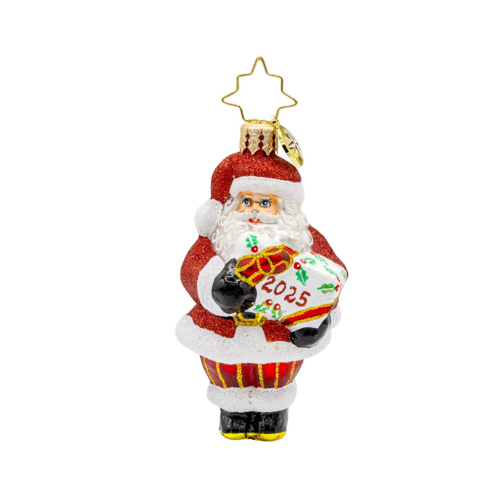 Santa's Special Gift 2025 Gem ornament. Santa holds a white giftbox dated "2025." View of front. 
