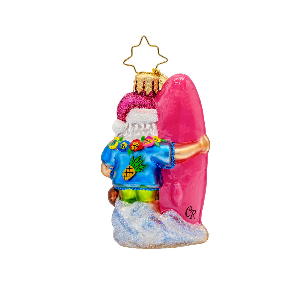 2025 Island Breeze Chris Kringle Gem ornament. Santa wears a Hawaiian shirt and board shorts, ukulele in hand, next to a surfboard dated "2025." View of back.