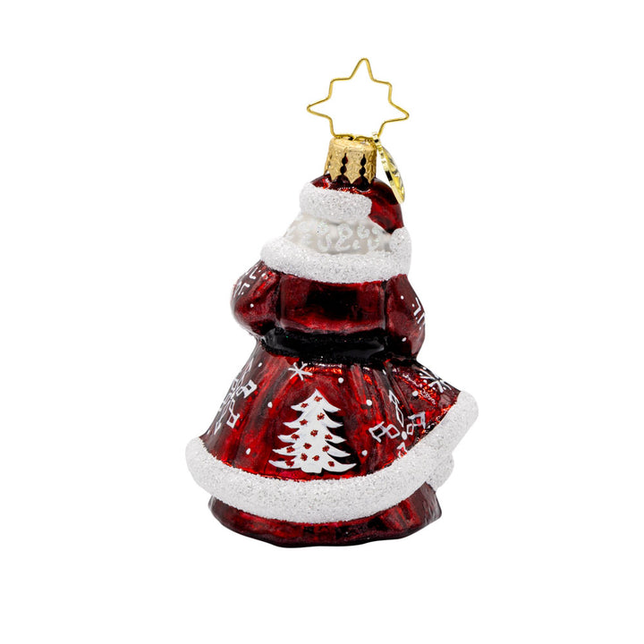 Frosty Fawn Santa Gem ornament. Santa is donned in red and silver, holding a scepter with a pile of gifts in a gift sack before him. View of back.