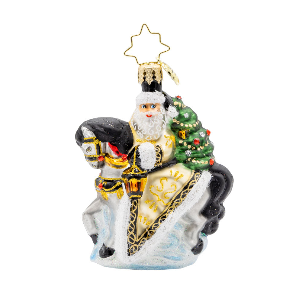 Golden Coat Calvary Gem ornament. Santa rides a white horse with a black mane, decorated in gold with a Christmas tree on his back. View of front. 