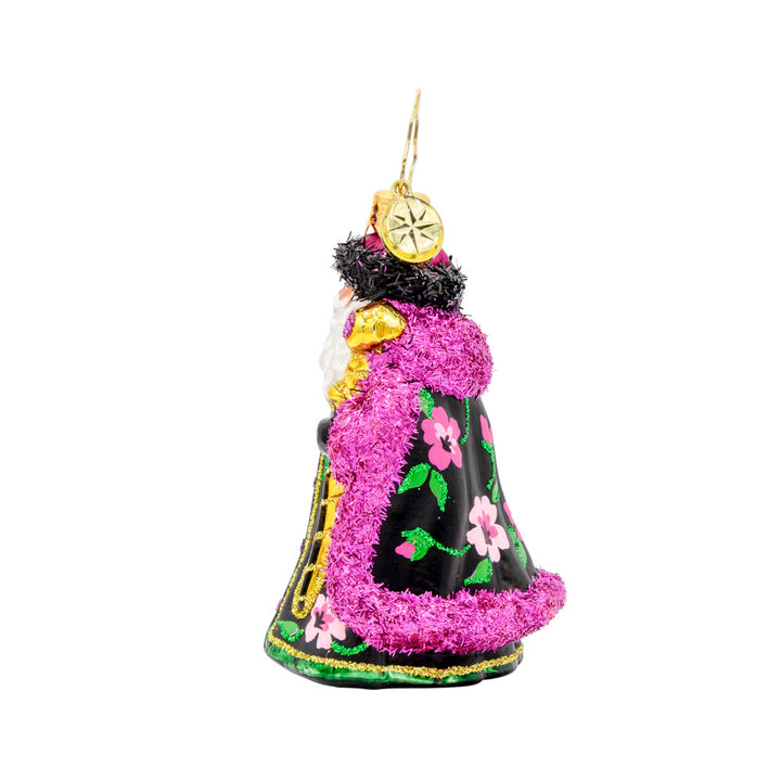 Midnight Blossom St. Nick Gem ornament. Santa dons a black and pink robe with hand-painted floral designs. He holds a gold scepter. View of right side.