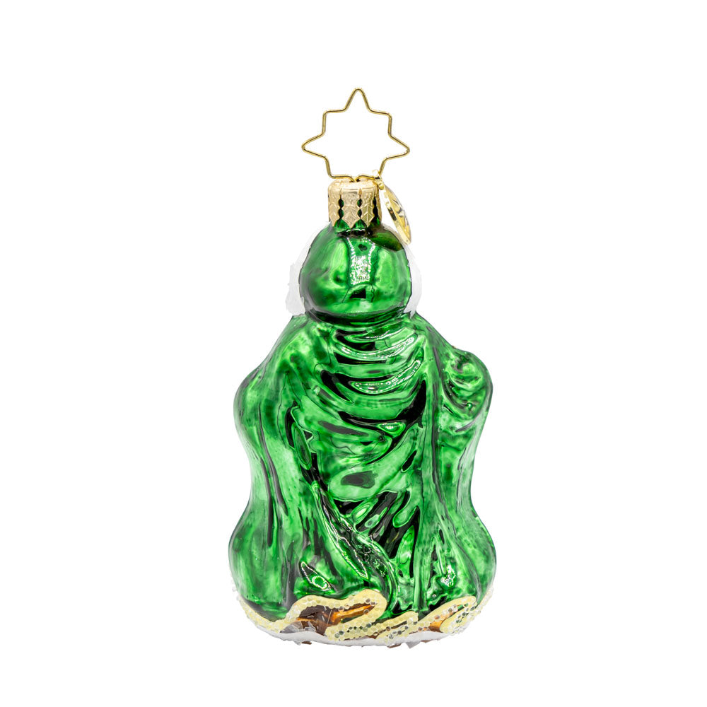 Emerald Isle Kris Kringle Gem ornament. Santa dons a cloak of green and gold. View of back.