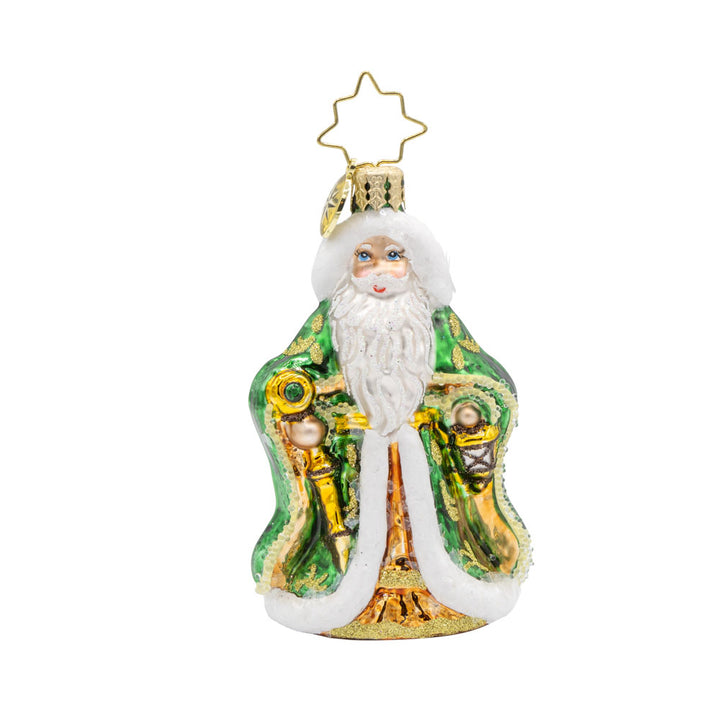 Emerald Isle Kris Kringle Gem ornament. Santa dons a cloak of green and gold. View of front. 