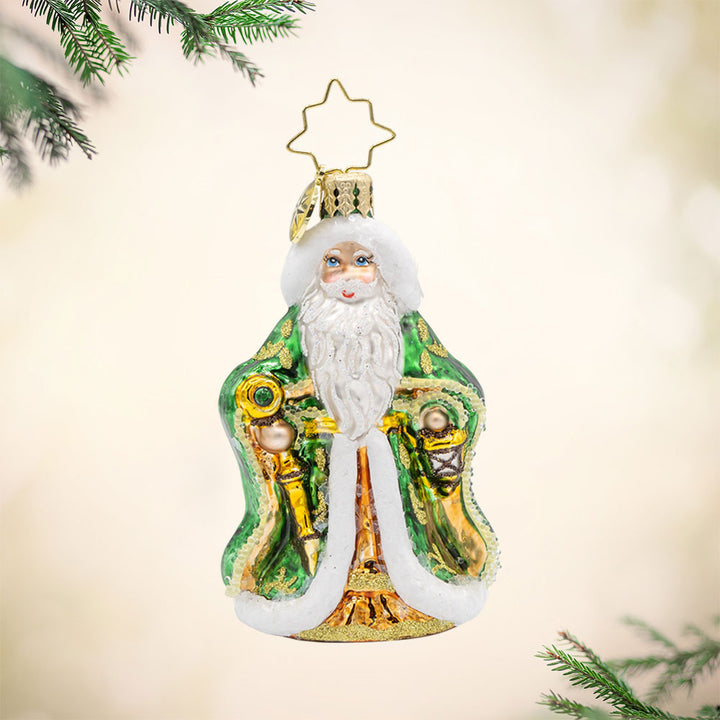 Emerald Isle Kris Kringle Gem ornament. Santa dons a cloak of green and gold. View of front. 