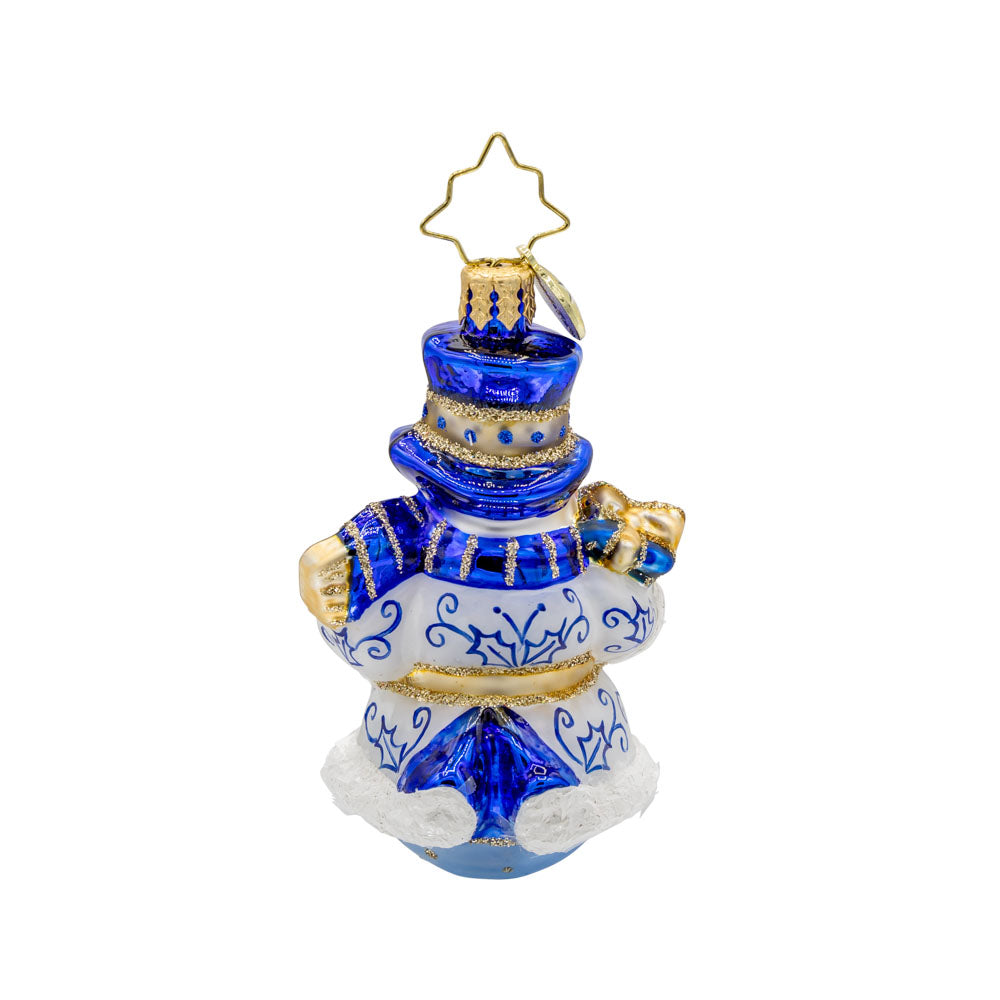 Charming Chinoiserie Snowman Gem ornament. Adorned in robes reminiscent of European Chinoiserie, in a blend of snow white and sapphire blue. View of back.