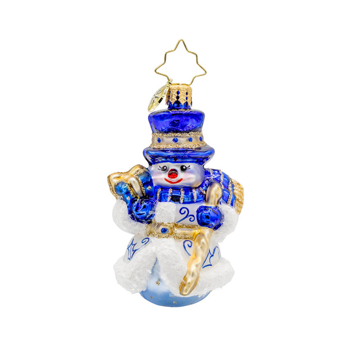 Charming Chinoiserie Snowman Gem ornament. Adorned in robes reminiscent of European Chinoiserie, in a blend of snow white and sapphire blue. View of front.  