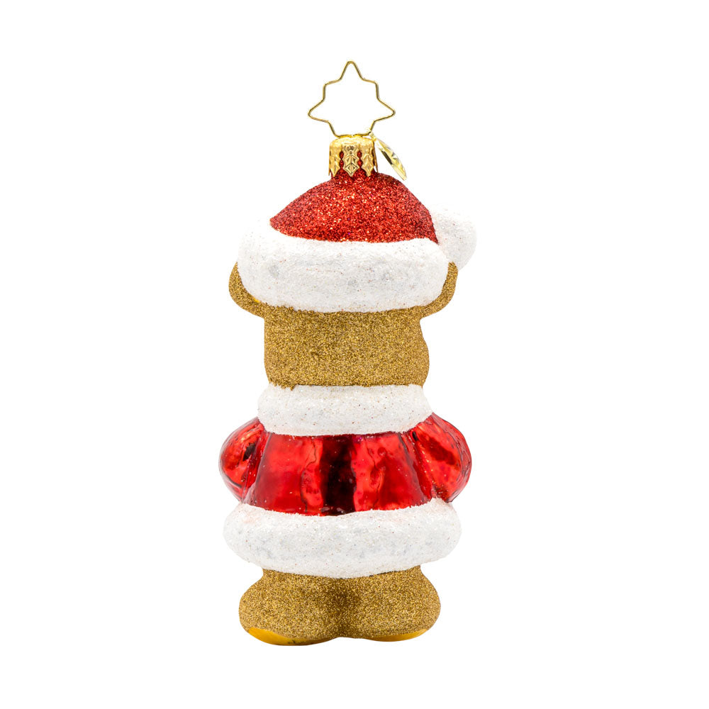 Bear-y Special Present ornament. A teddy bear dressed in a Santa outfit holds a gift. View of back.