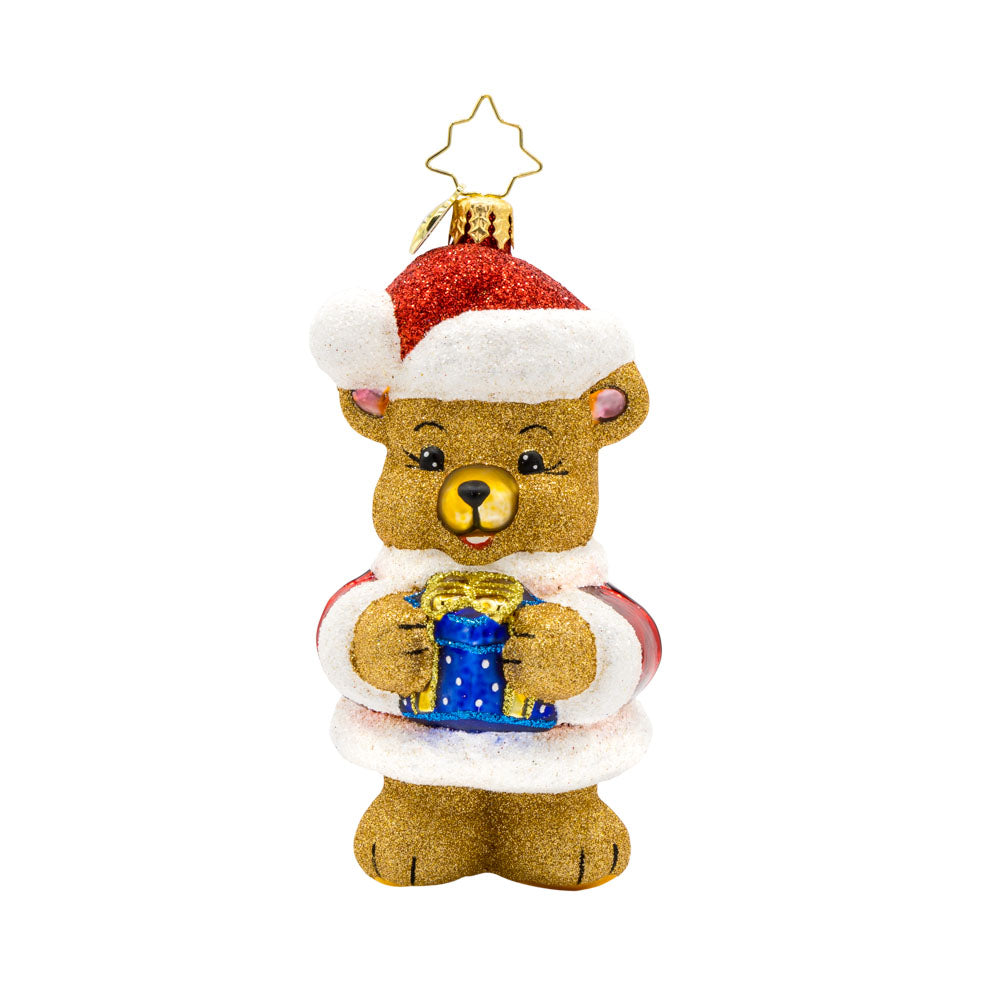 Bear-y Special Present ornament. A teddy bear dressed in a Santa outfit holds a gift. View of front. 