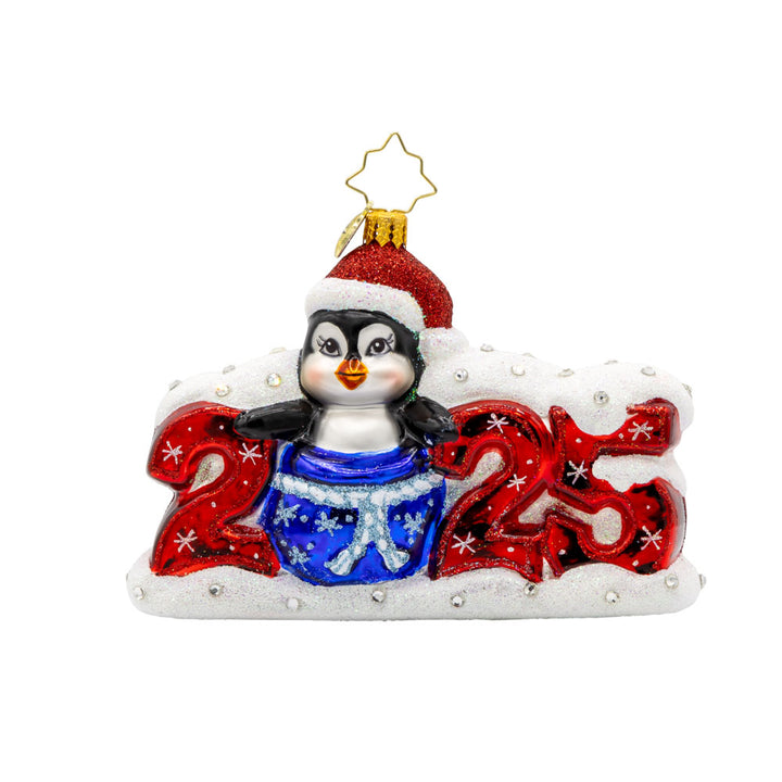 Frosty Flipper Countdown ornament. A penguin pops out of a blue gift bag, making up the zero in "2025." View of front.