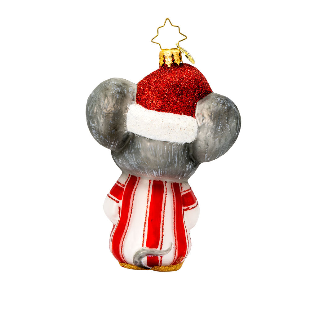 Snug-as-a-Bug ornament. A mouse in striped pajamas, complete with a fluffy Santa hat perched on its tiny head and candlelight in hand. View of back.