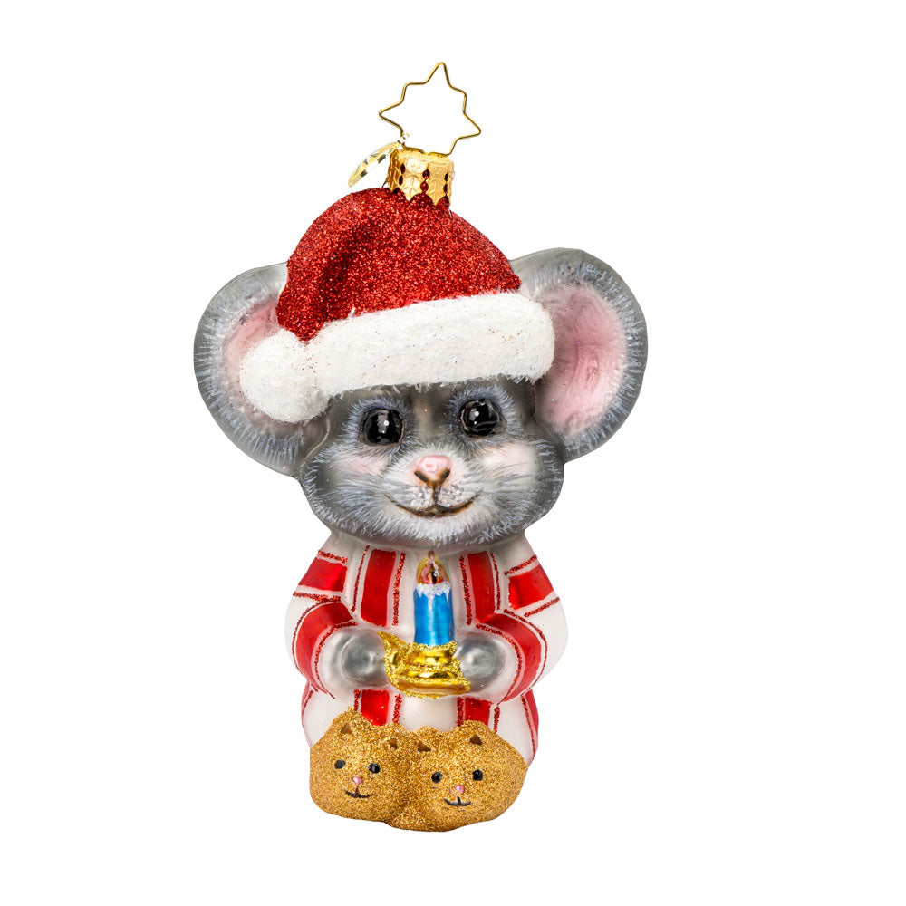 Snug-as-a-Bug ornament. A mouse in striped pajamas, complete with a fluffy Santa hat perched on its tiny head and candlelight in hand. View of front. 