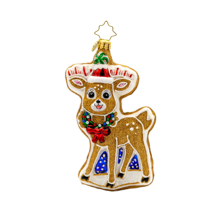 Doughy Dasher ornament. A cookie shaped like a deer in festive gear. View of front. 