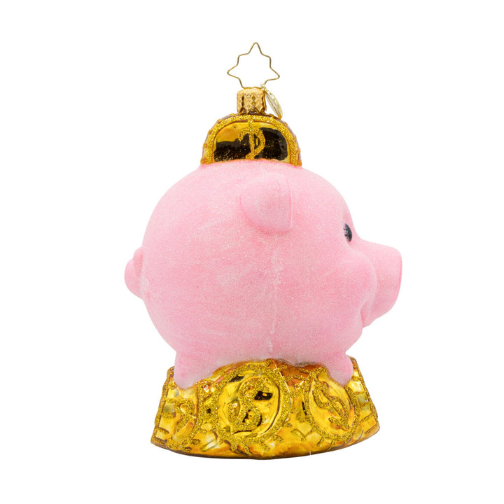 Piggy Pal ornament. Features a fuzzy bright pink piggy bank and sparkling gold coins. View of left side.