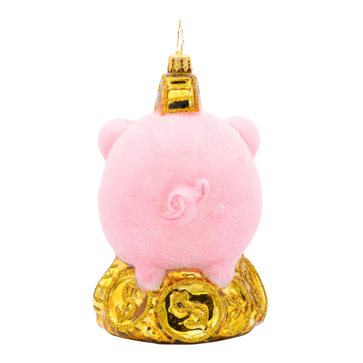 Piggy Pal ornament. Features a fuzzy bright pink piggy bank and sparkling gold coins. View of back.