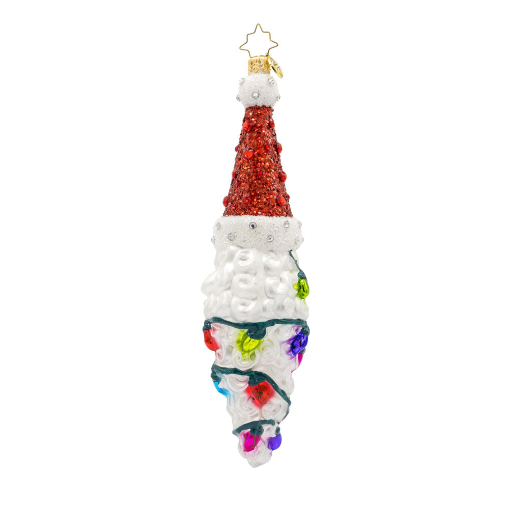 Twinkling Twist ornament. Features Santa's head, with a colorful string of lights cascading down his long beard. View of back.