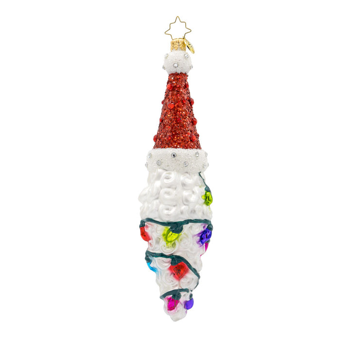 Twinkling Twist ornament. Features Santa's head, with a colorful string of lights cascading down his long beard. View of back.