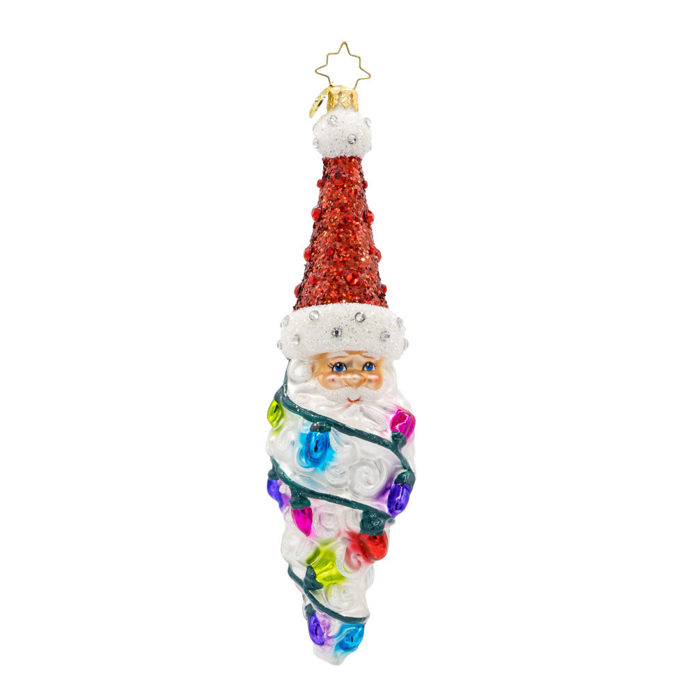 Twinkling Twist ornament. Features Santa's head, with a colorful string of lights cascading down his long beard. View of front.