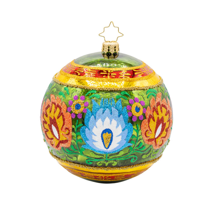 Polish Folk Drop ornament. Hand painted polish folk designs with a single reflector. View of back.