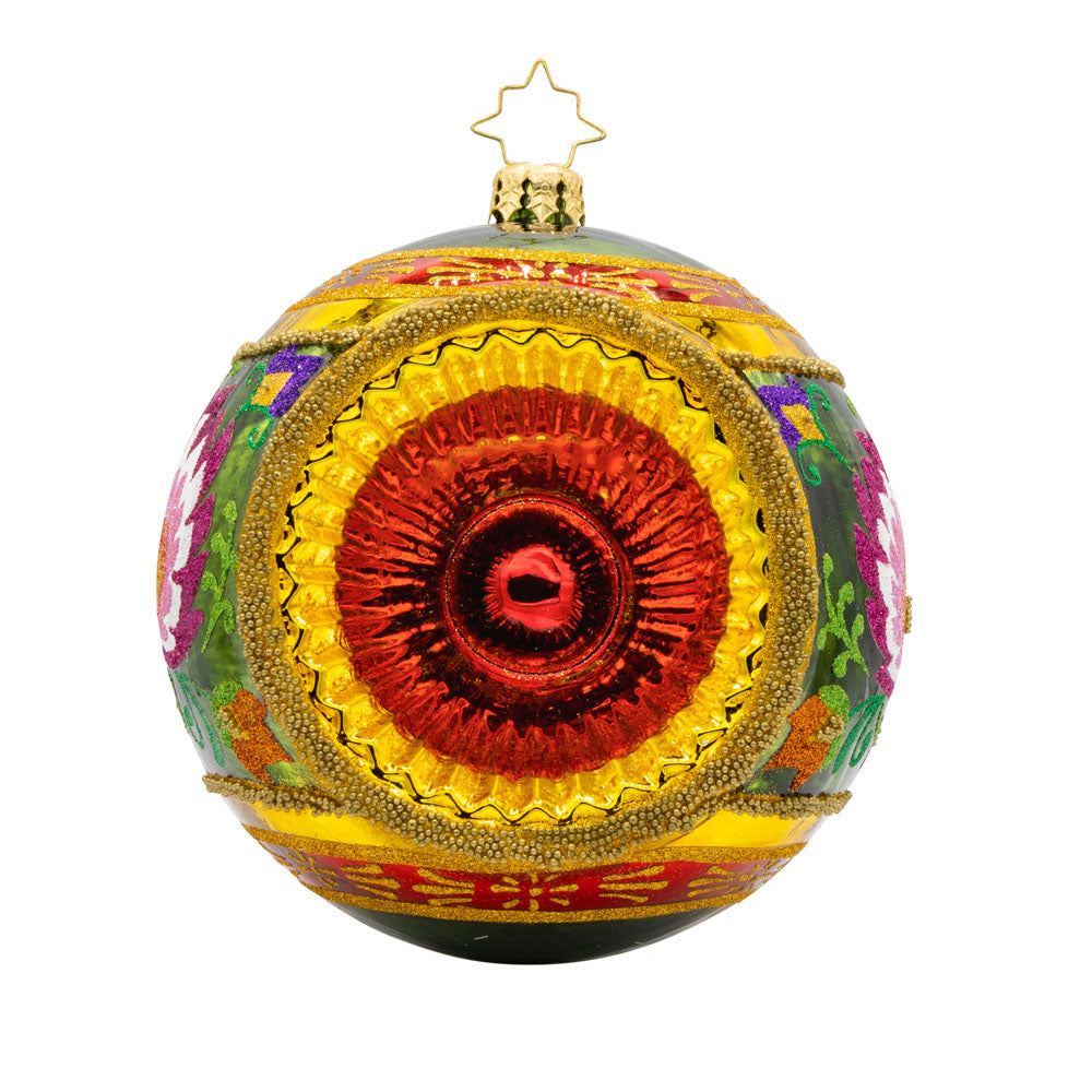 Polish Folk Drop ornament. Hand painted polish folk designs with a single reflector. View of front.