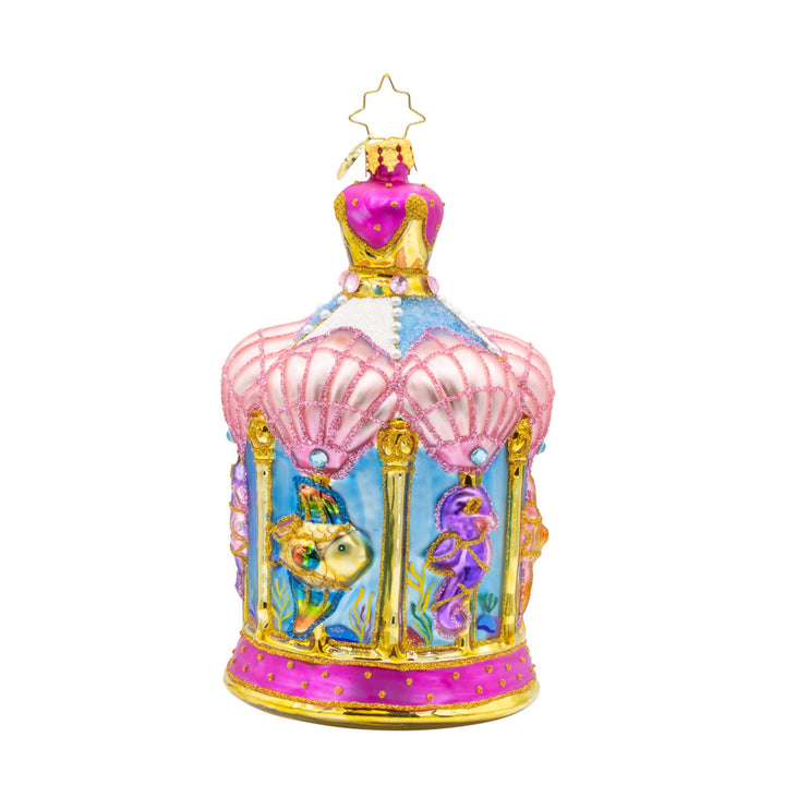 Carousel by the Sea ornament. This ornament features a beautifully detailed carousel adorned with sea creatures like dolphins, seahorses, and starfish. View of back.