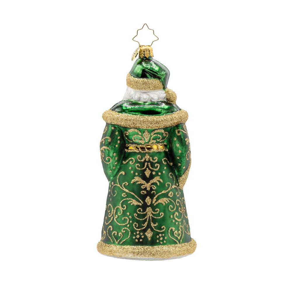 Emerald Elegance ornament. Santa is dressed in a green robe, gold accents, and sparkling staff. View of back.
