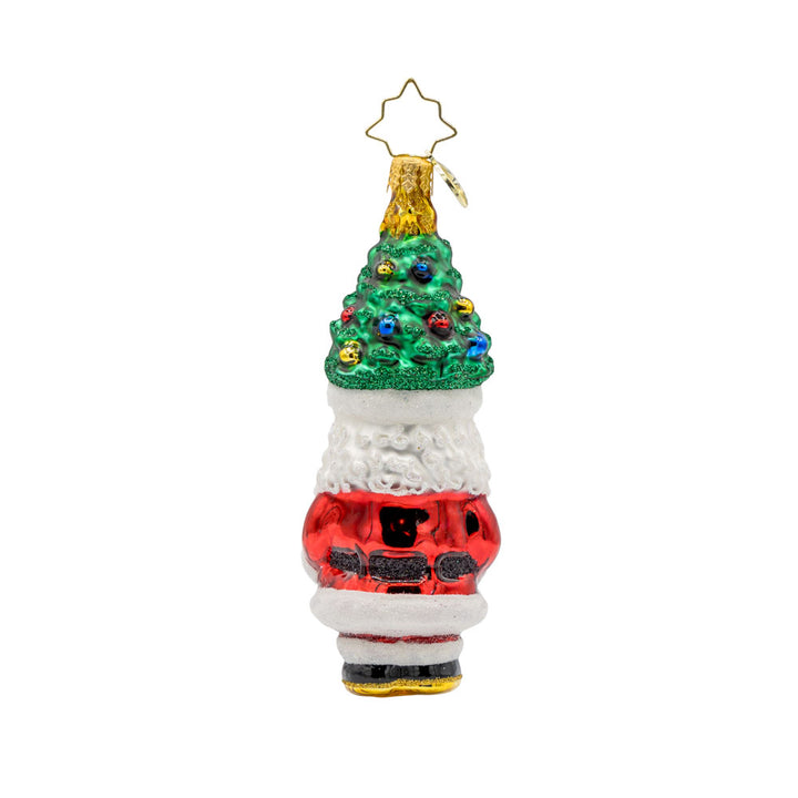 Treetop Tidings ornament. Santa trades his red hat for a Christmas tree, complete with ornaments and a star on top. View of back.