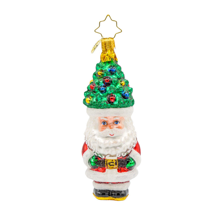 Treetop Tidings ornament. Santa trades his red hat for a Christmas tree, complete with ornaments and a star on top. View of front. 