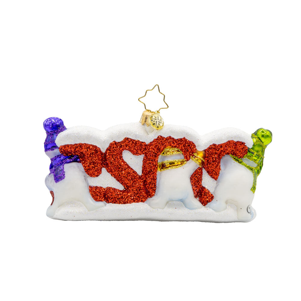 2025 Snow Day ornament. This piece features playful snowmen peeking out from a dazzling red "2025." View of back.