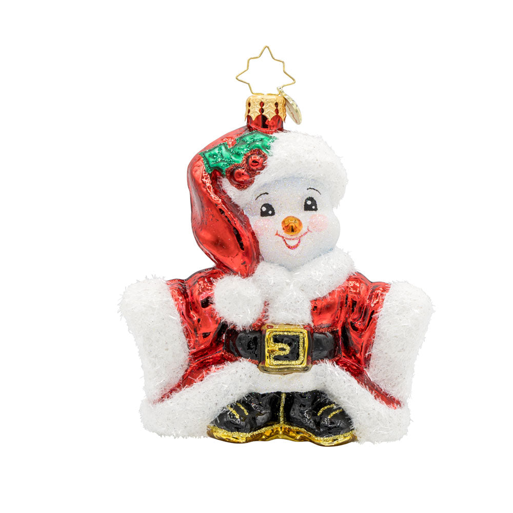 Santa's Snowy Stand-In ornament. This small snowman is dressed in an oversized Santa's suit. View of front.