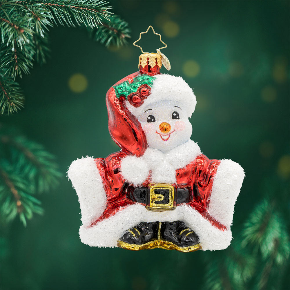 Santa's Snowy Stand-In ornament. This small snowman is dressed in an oversized Santa's suit. View of front.
