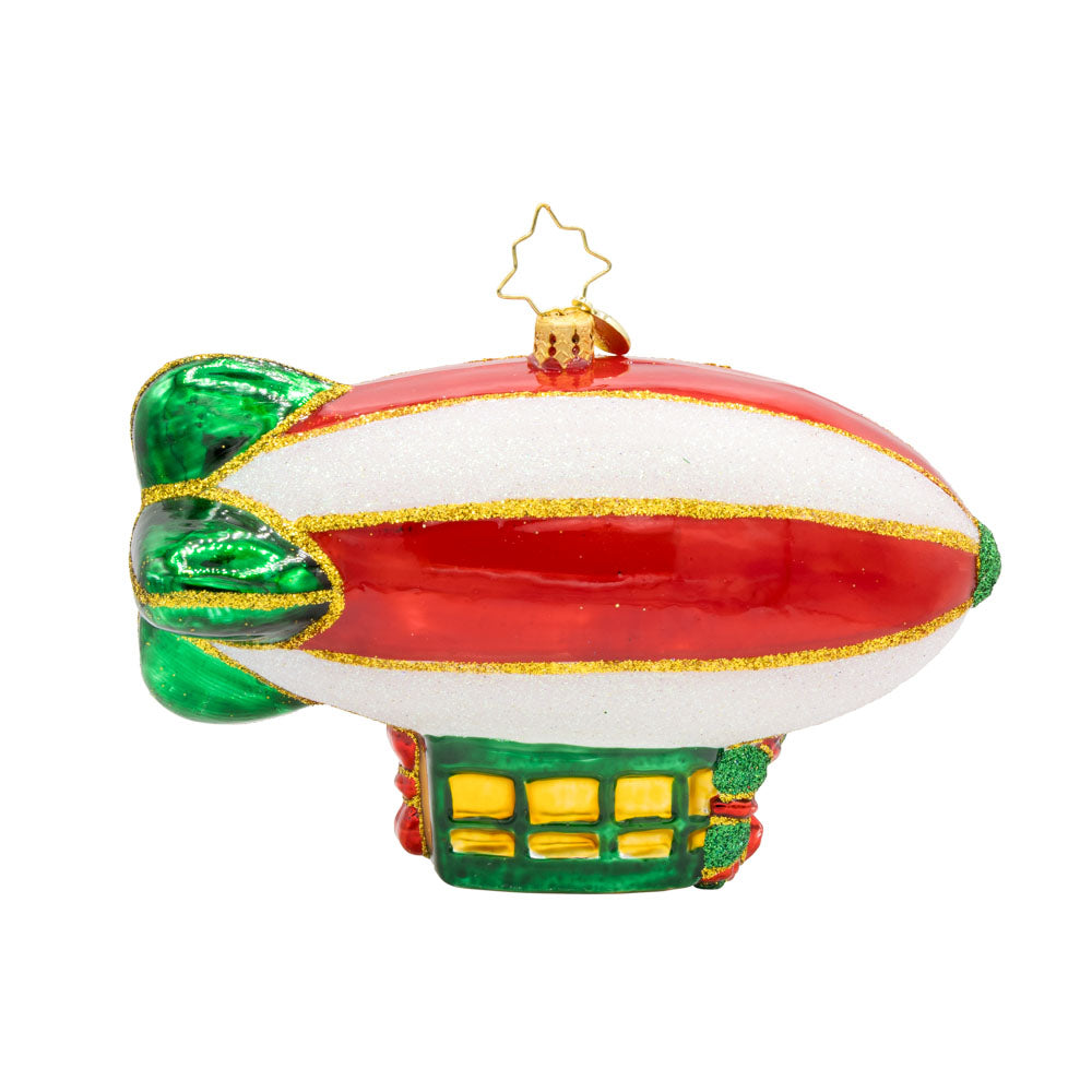 Flying Over the Years ornament. This ornament features Santa piloting a blimp, dated "2025." View of back.