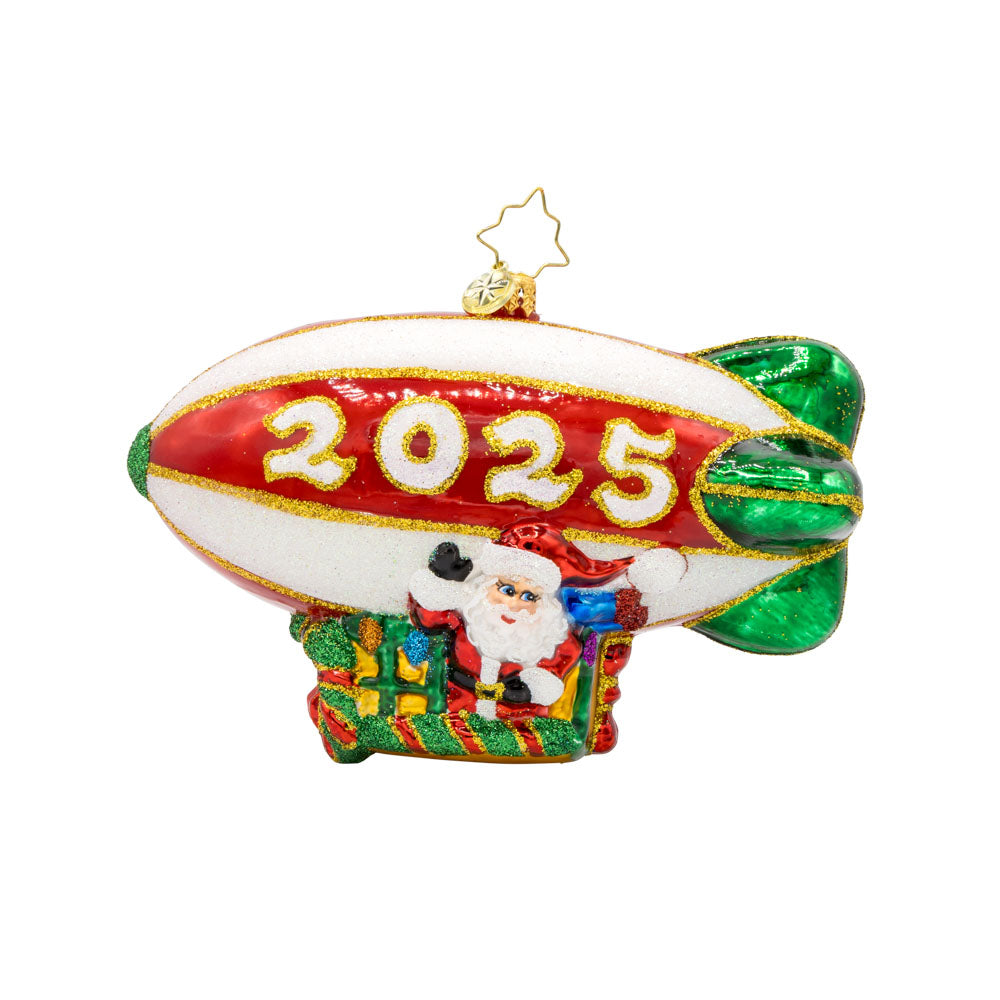 Flying Over the Years ornament. This ornament features Santa piloting a blimp, dated "2025." View of front.