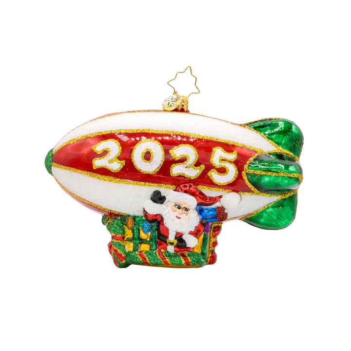Flying Over the Years ornament. This ornament features Santa piloting a blimp, dated "2025." View of front.
