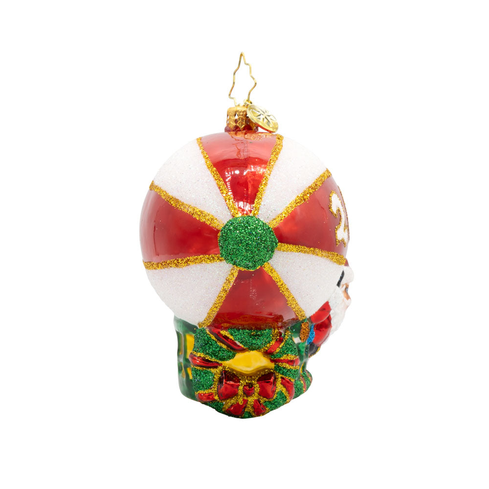 Flying Over the Years ornament. This ornament features Santa piloting a blimp, dated "2025." View of left side.
